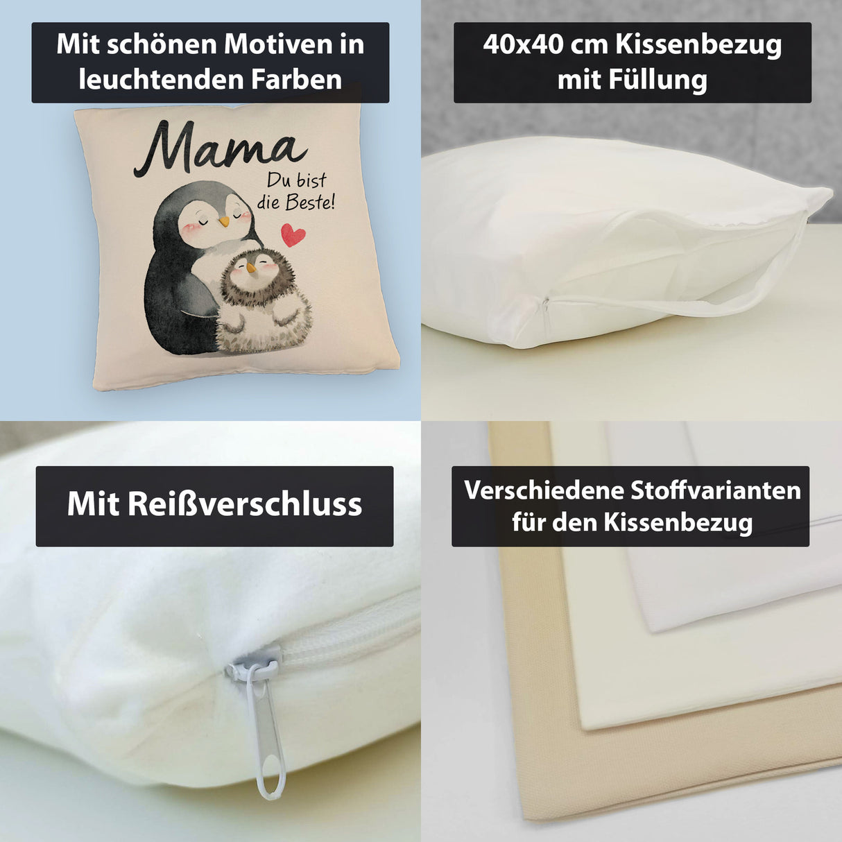 Pinguin Mutter und Kind Kissen mit Spruch Mama du bist die Beste