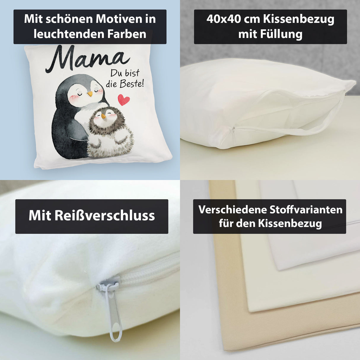 Pinguin Mutter und Kind Kissen mit Spruch Mama du bist die Beste