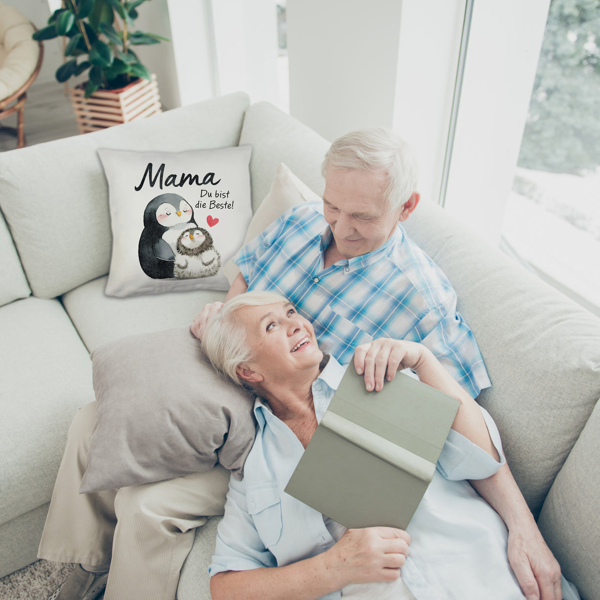 Pinguin Mutter und Kind Kissen mit Spruch Mama du bist die Beste