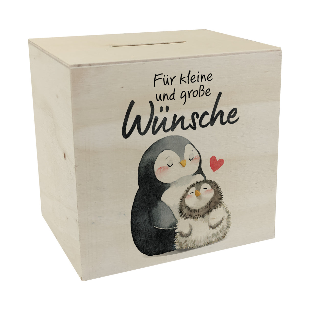 Pinguin Mutter und Kind Spardose mit Spruch Für kleine und große Wünsche