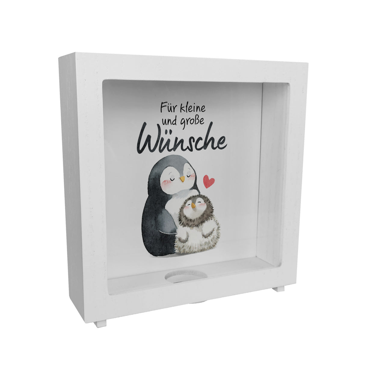 Pinguin Mutter und Kind Spardose mit Spruch Für kleine und große Wünsche