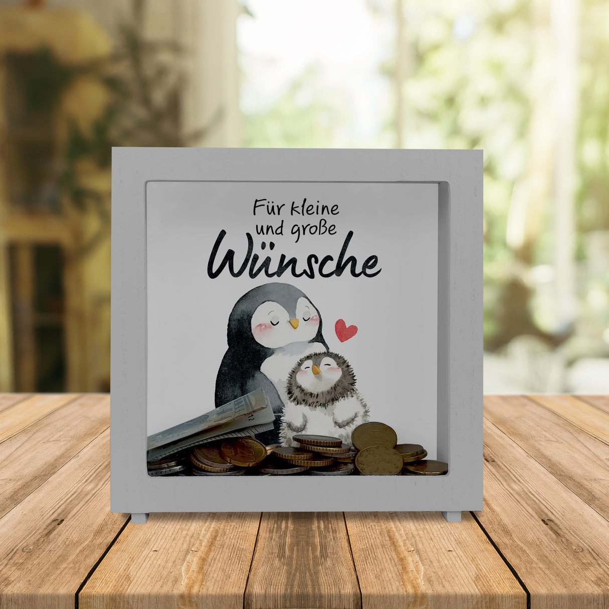 Pinguin Mutter und Kind Spardose mit Spruch Für kleine und große Wünsche