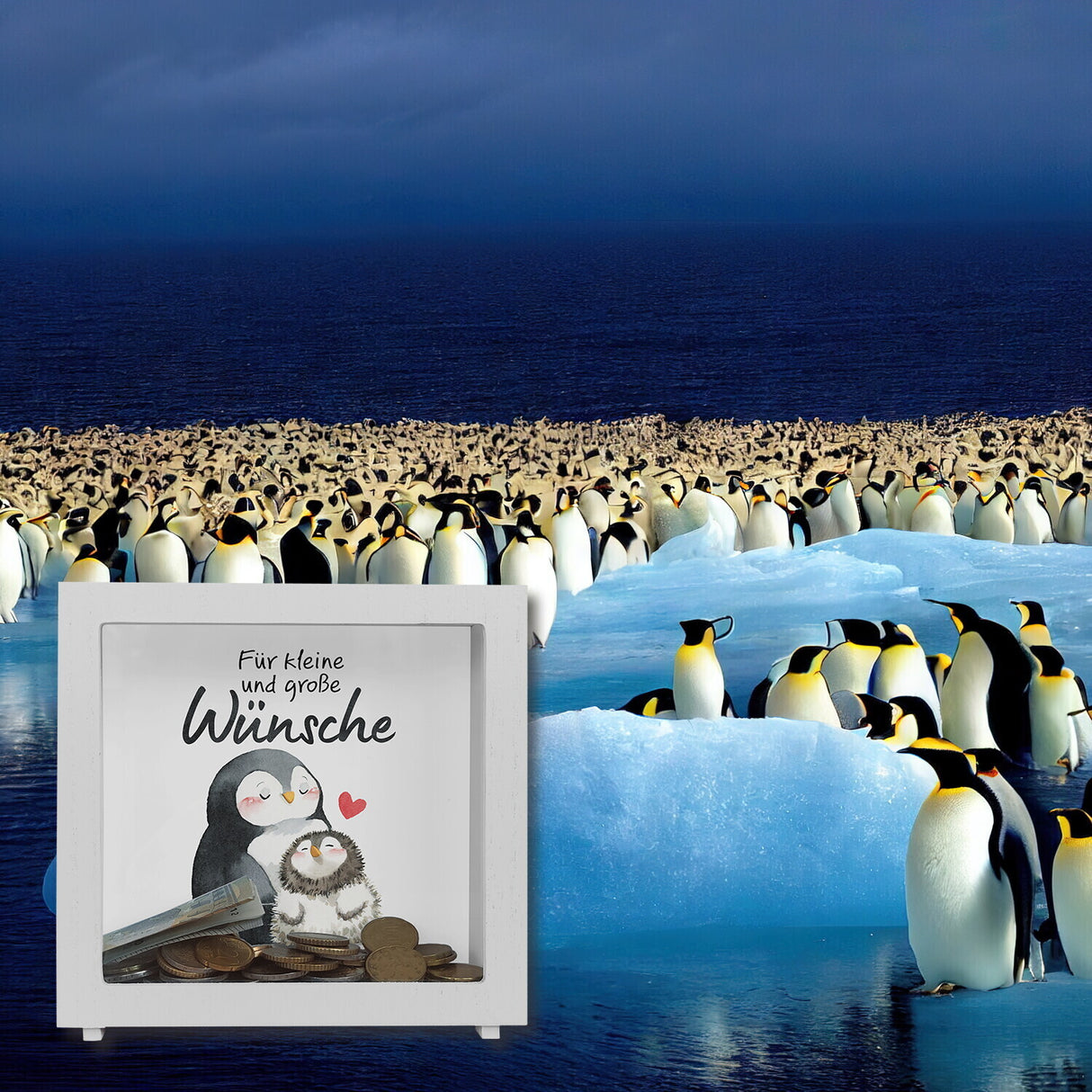 Pinguin Mutter und Kind Spardose mit Spruch Für kleine und große Wünsche