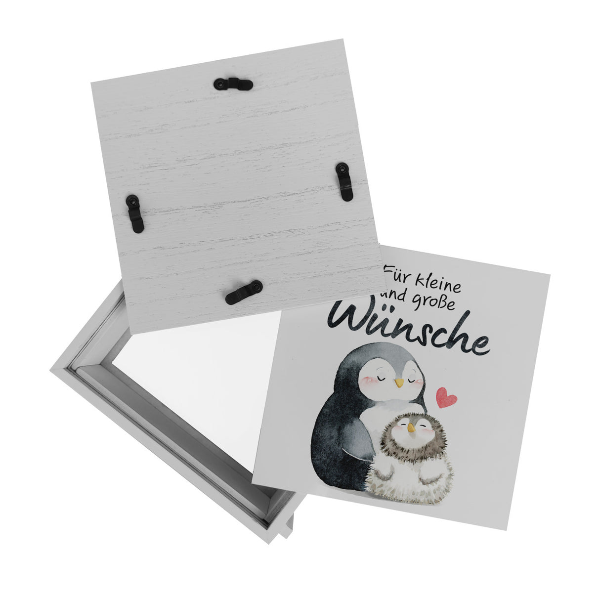 Pinguin Mutter und Kind Spardose mit Spruch Für kleine und große Wünsche