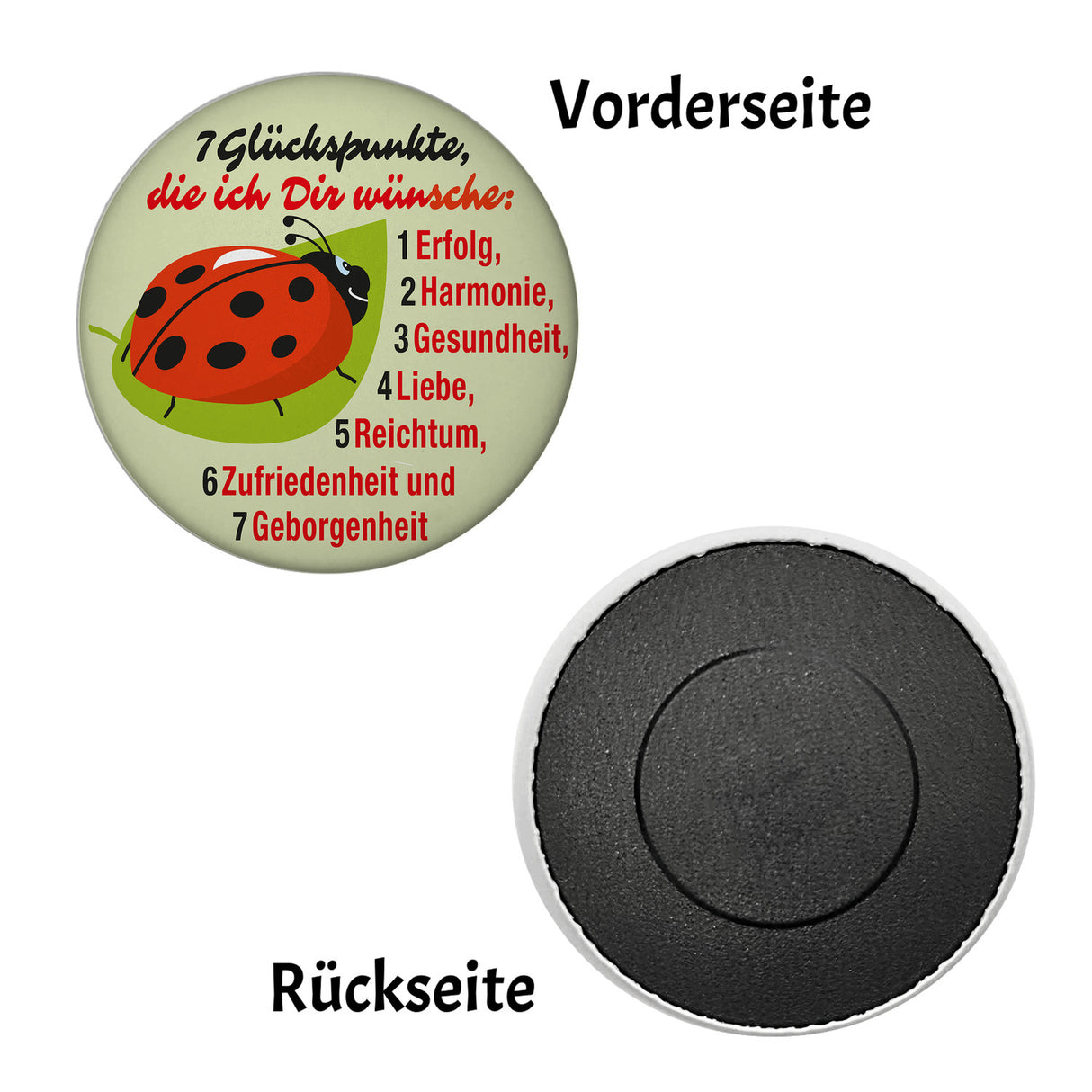Marienkäfer Magnet rund mit Spruch Sieben Glückspunkte