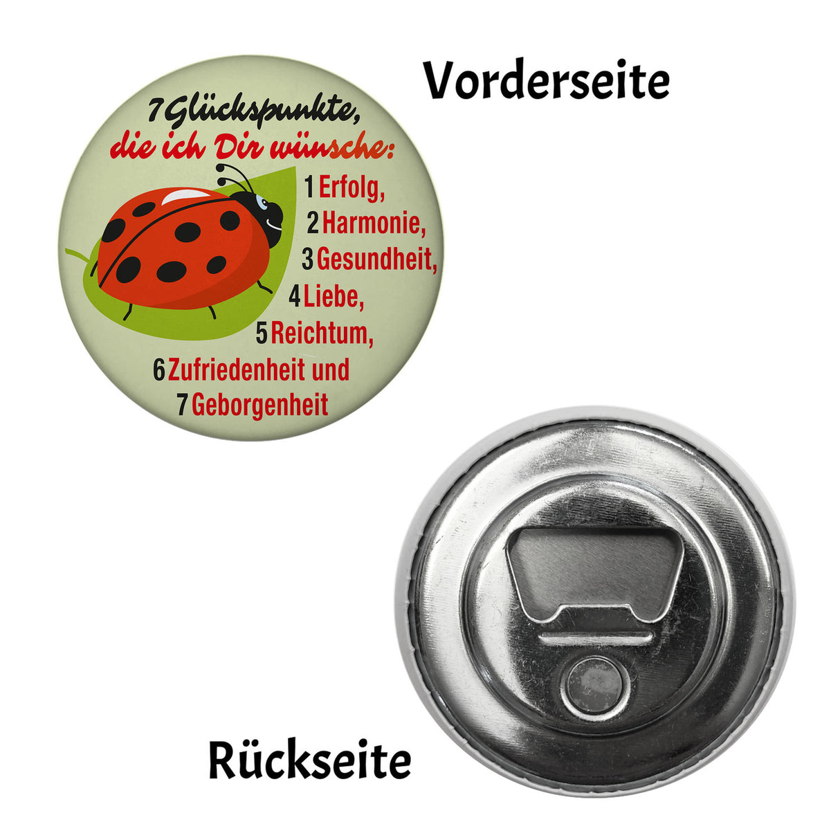 Marienkäfer Magnet rund mit Spruch Sieben Glückspunkte