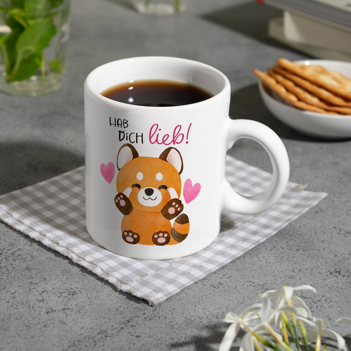 Roter Panda Kaffeebecher mit Spruch Hab dich lieb
