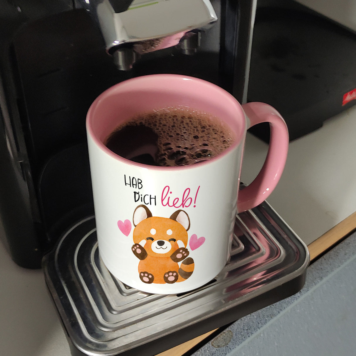 Roter Panda Kaffeebecher mit Spruch Hab dich lieb