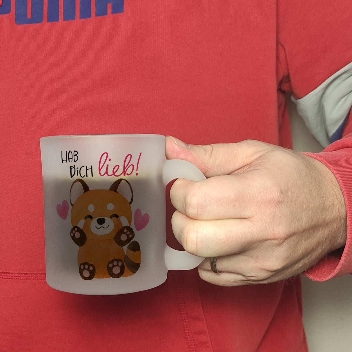 Roter Panda Kaffeebecher mit Spruch Hab dich lieb