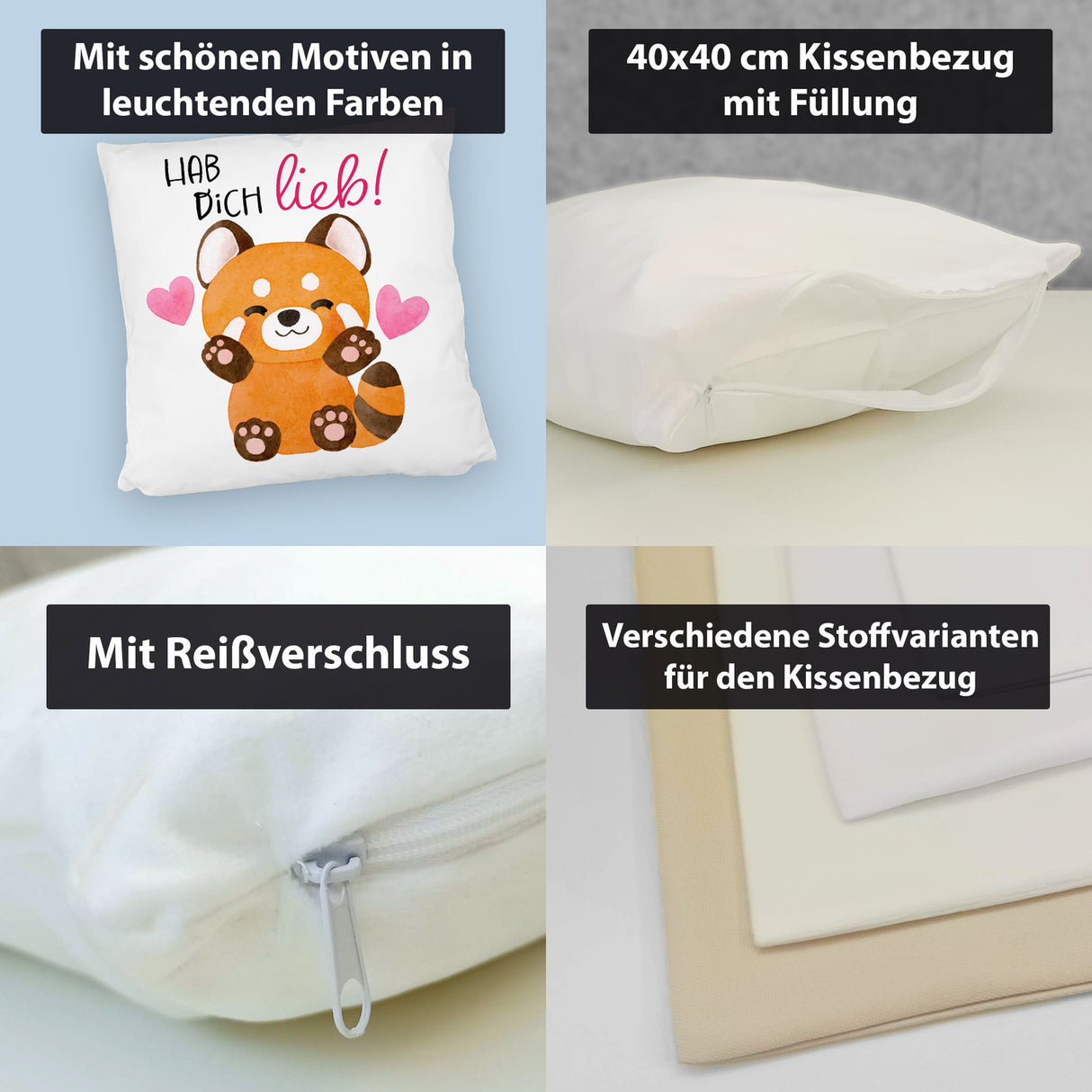 Roter Panda Kissen mit Spruch Hab dich lieb
