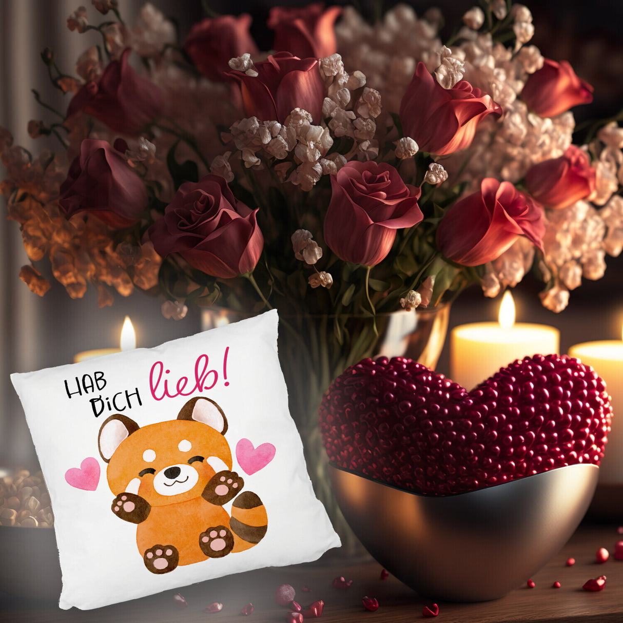 Roter Panda Kissen mit Spruch Hab dich lieb