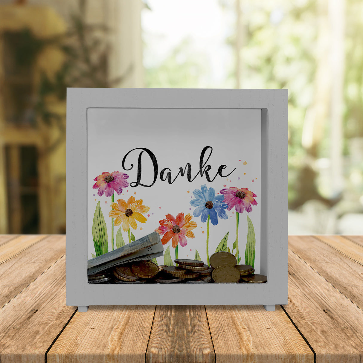 Blumen Spardose mit Spruch Danke