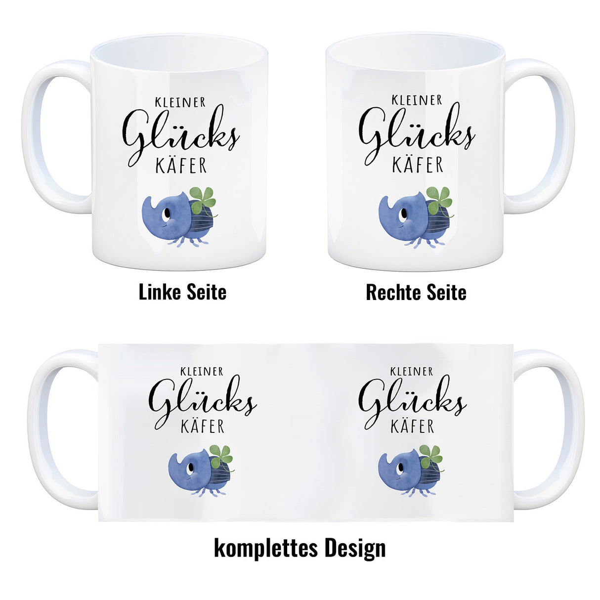 Nashornkäfer mit Klee Kaffeebecher mit Spruch Kleiner Glückskäfer