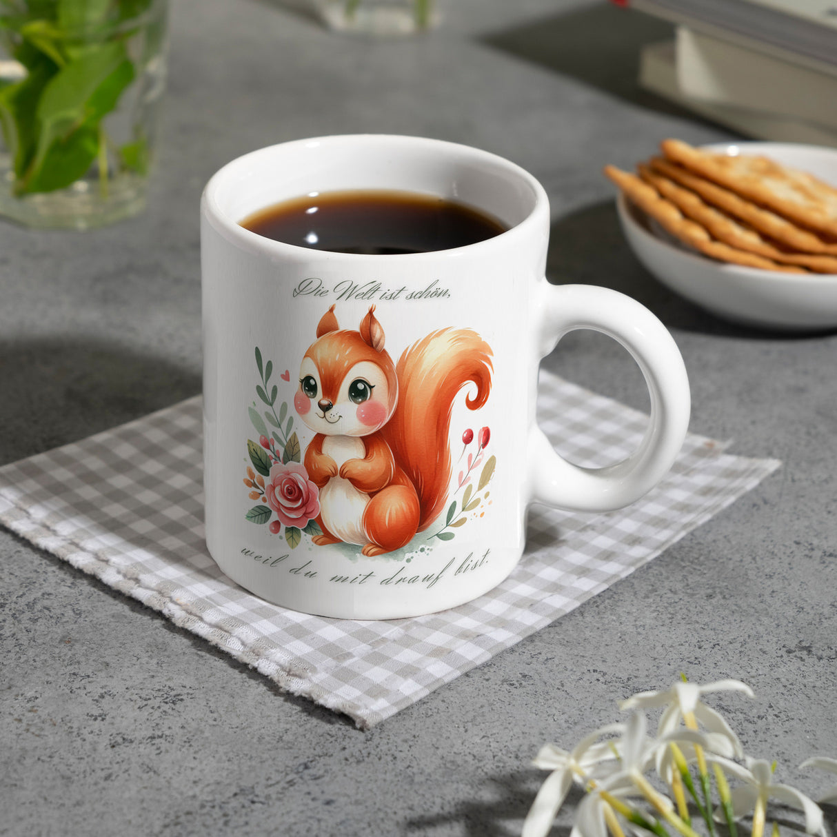 Eichhörnchen Kaffeebecher mit Spruch Welt schön da du dabei