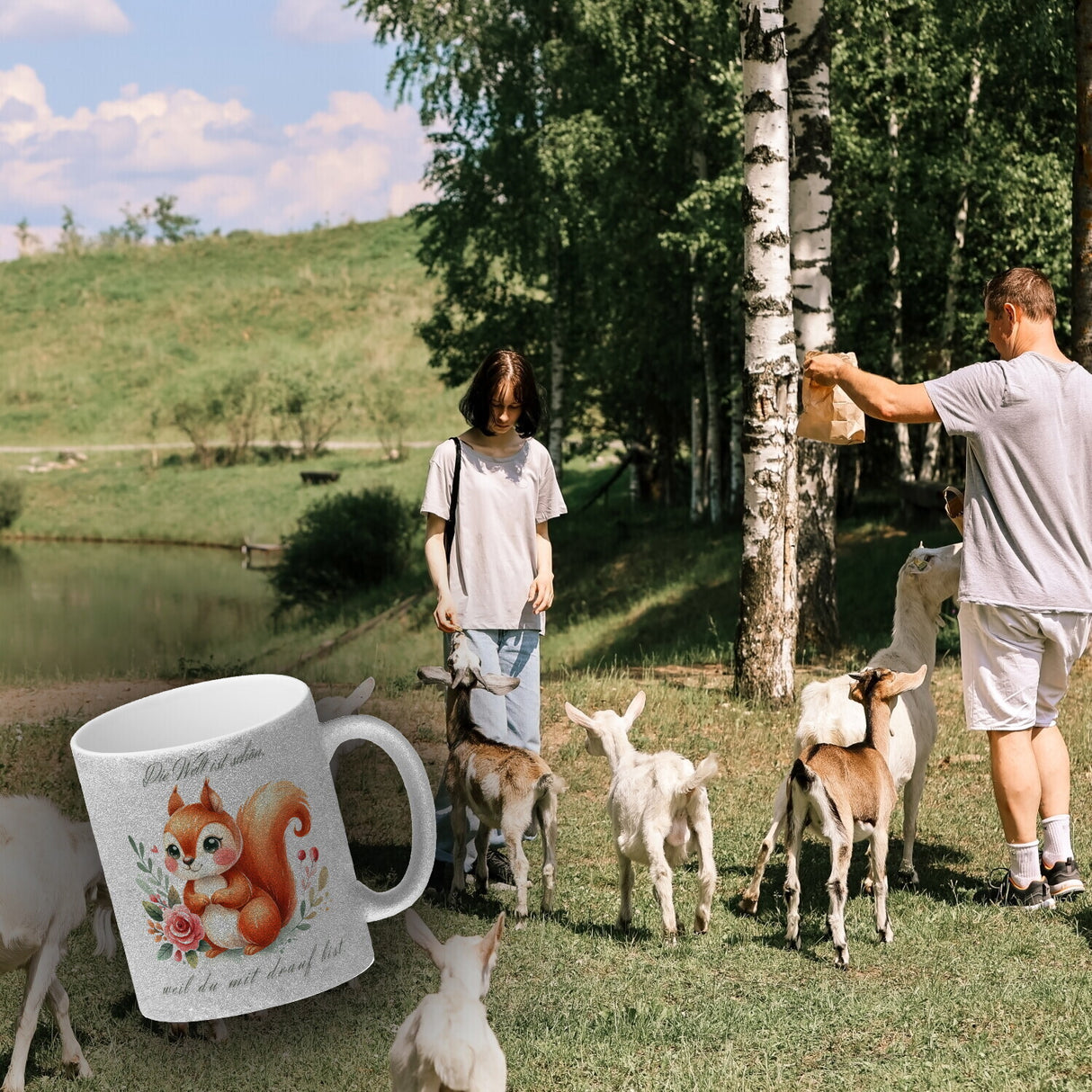 Eichhörnchen Kaffeebecher mit Spruch Welt schön da du dabei