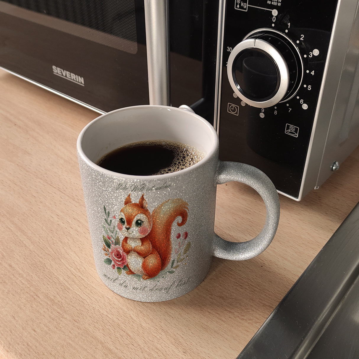 Eichhörnchen Kaffeebecher mit Spruch Welt schön da du dabei