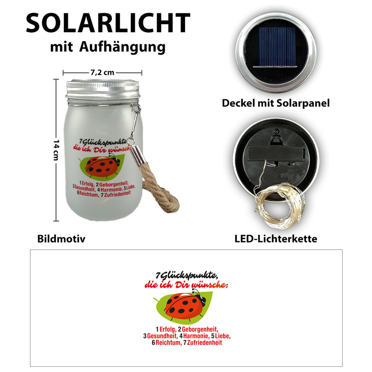 Marienkäfer Solarlicht mit Spruch Sieben Glückspunkte