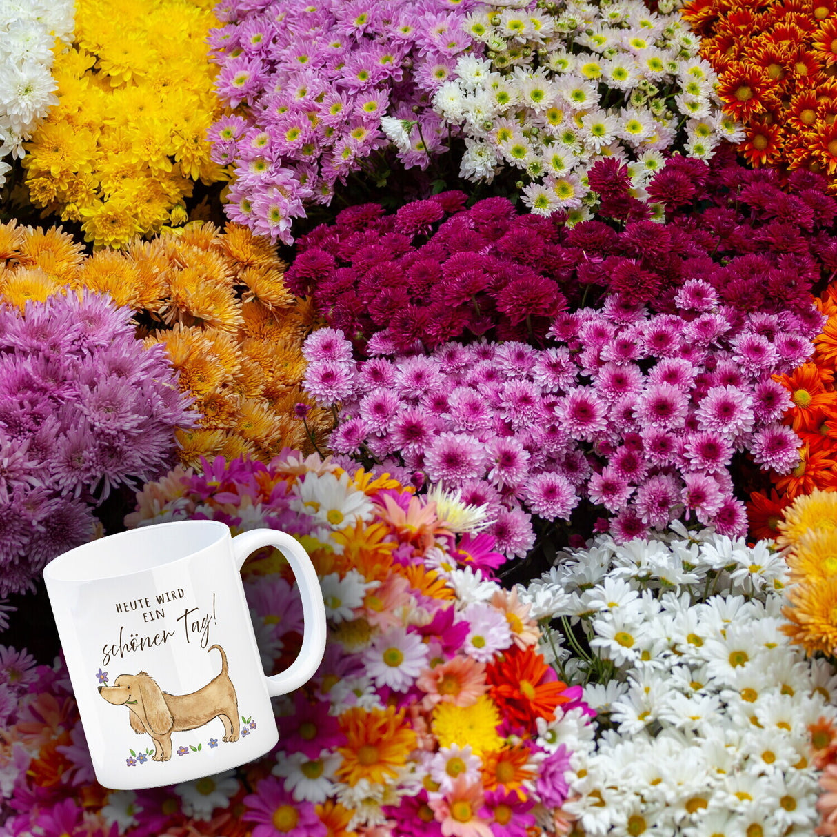 Dackel mit Blume Kaffeebecher mit Spruch Heute wird ein schöner Tag