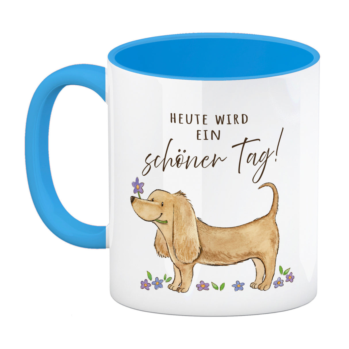 Dackel mit Blume Kaffeebecher mit Spruch Heute wird ein schöner Tag
