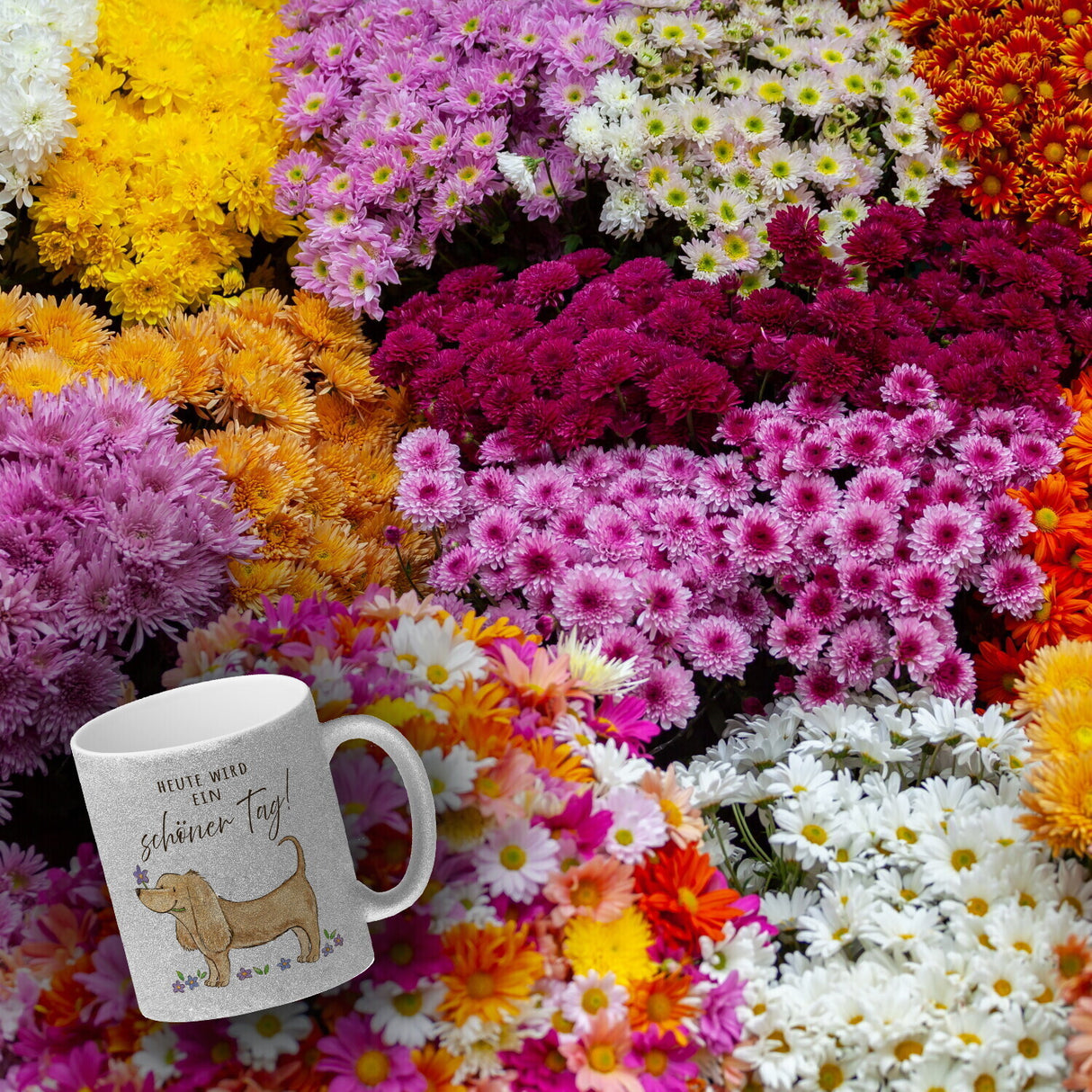 Dackel mit Blume Kaffeebecher mit Spruch Heute wird ein schöner Tag