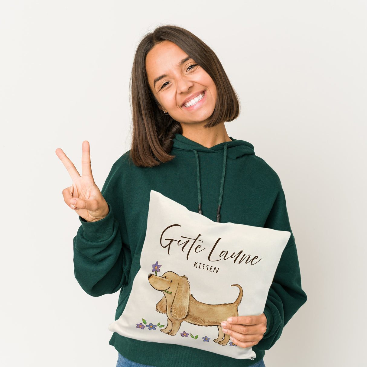 Dackel mit Blume Kissen mit Spruch Gute Laune Kissen