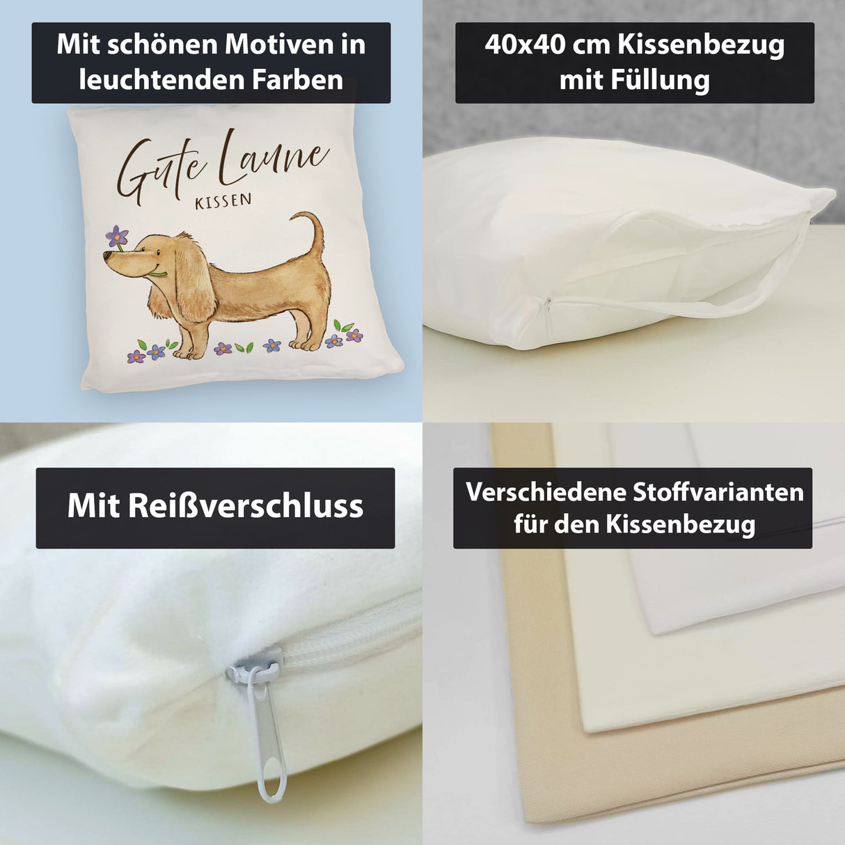 Dackel mit Blume Kissen mit Spruch Gute Laune Kissen