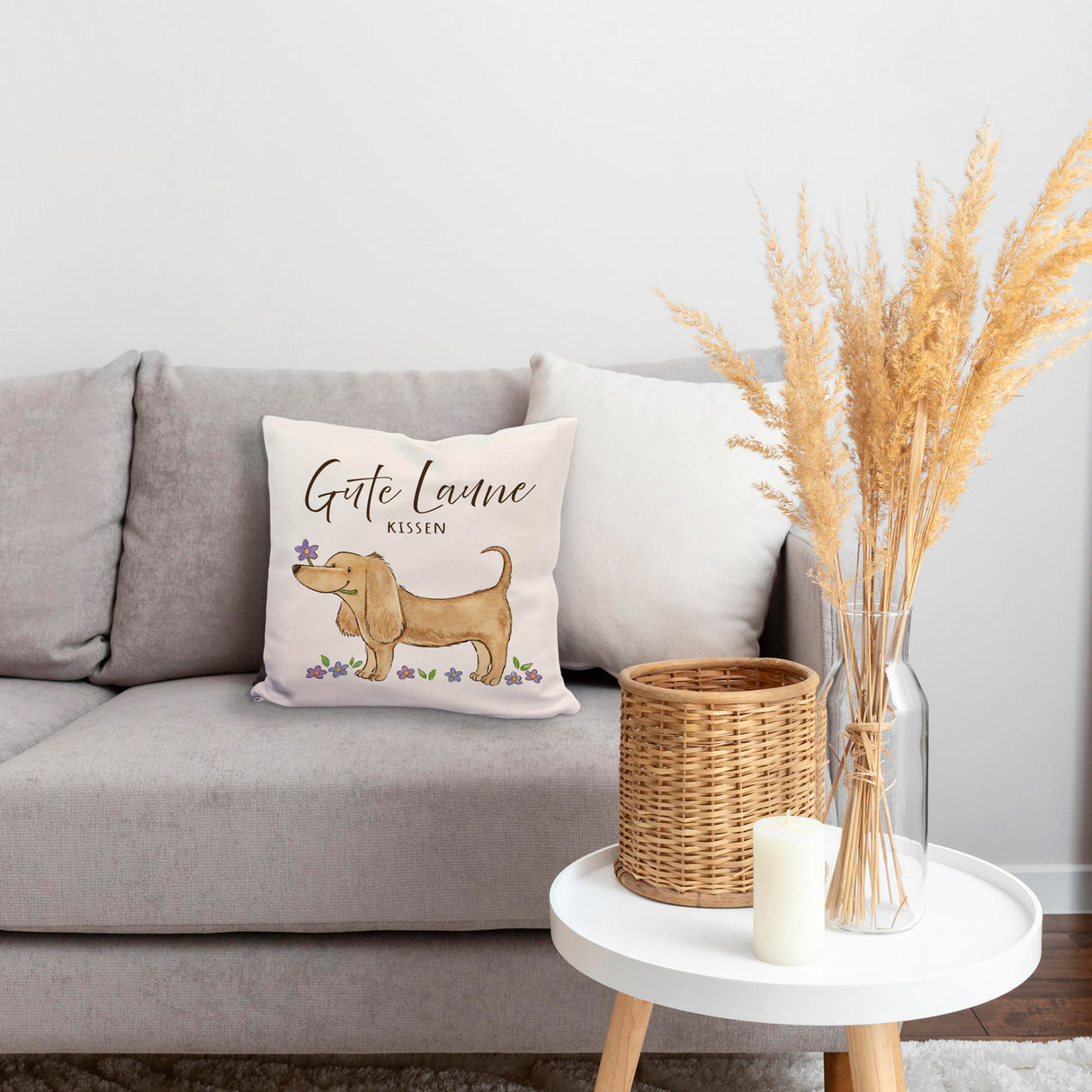 Dackel mit Blume Kissen mit Spruch Gute Laune Kissen