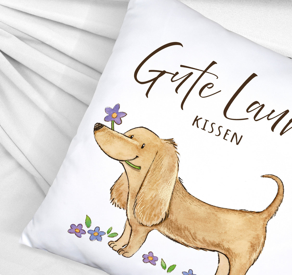 Dackel mit Blume Kissen mit Spruch Gute Laune Kissen