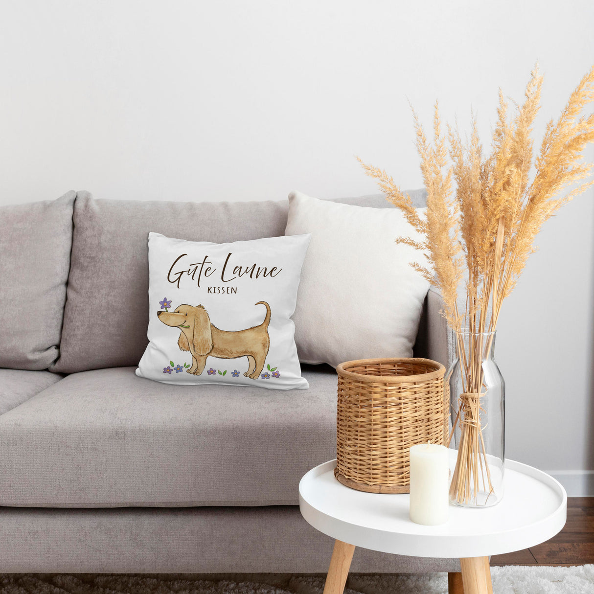 Dackel mit Blume Kissen mit Spruch Gute Laune Kissen