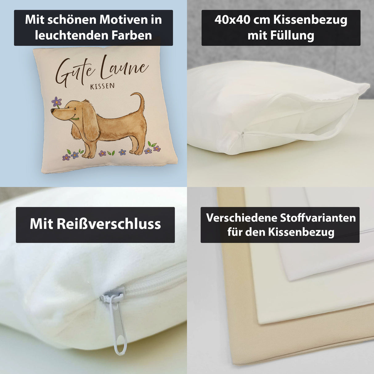 Dackel mit Blume Kissen mit Spruch Gute Laune Kissen