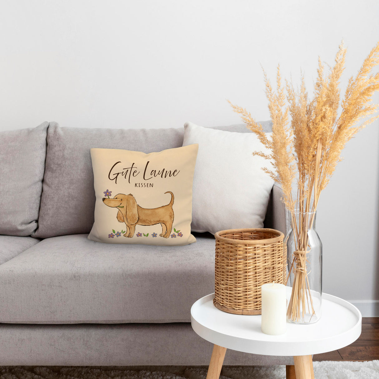 Dackel mit Blume Kissen mit Spruch Gute Laune Kissen