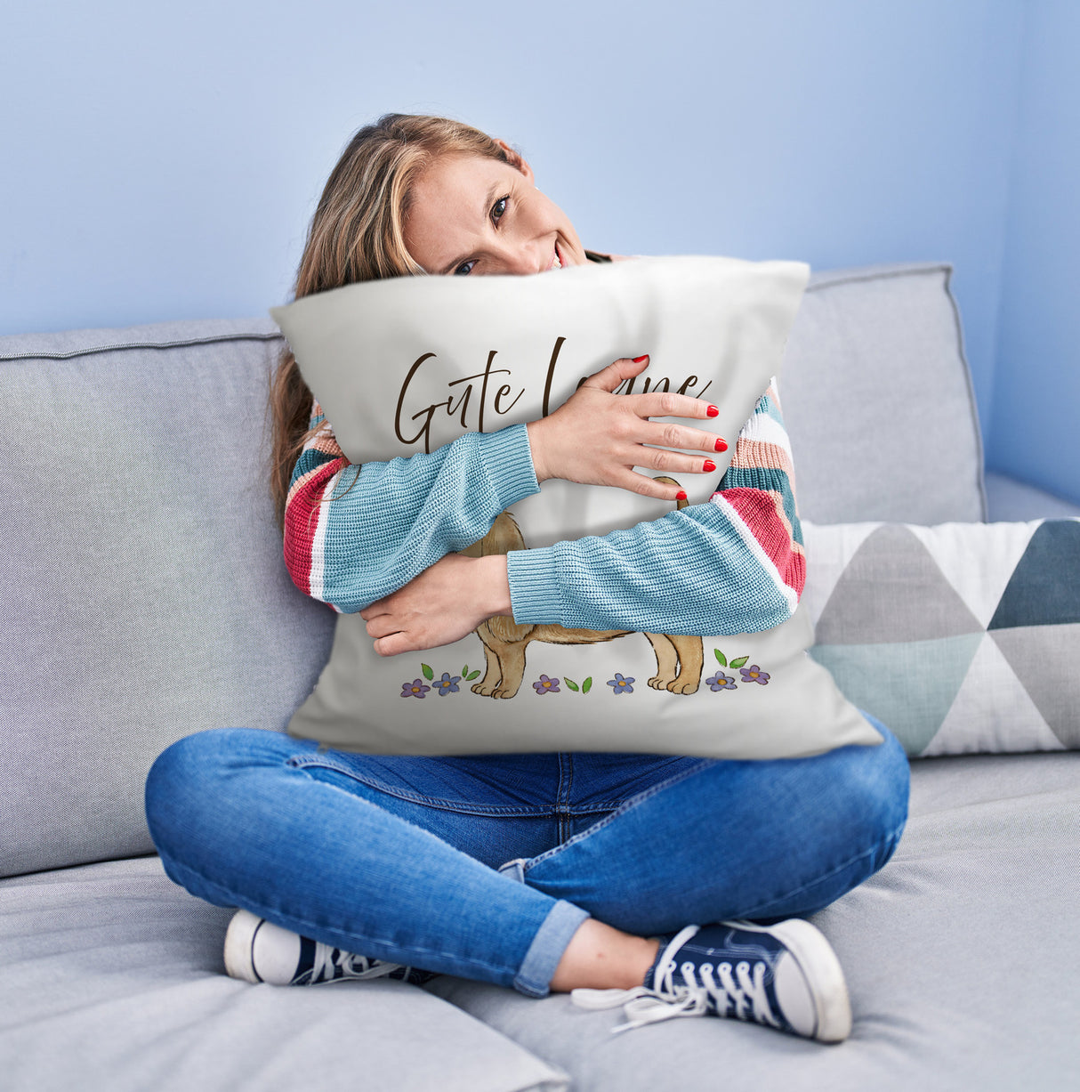 Dackel mit Blume Kissen mit Spruch Gute Laune Kissen