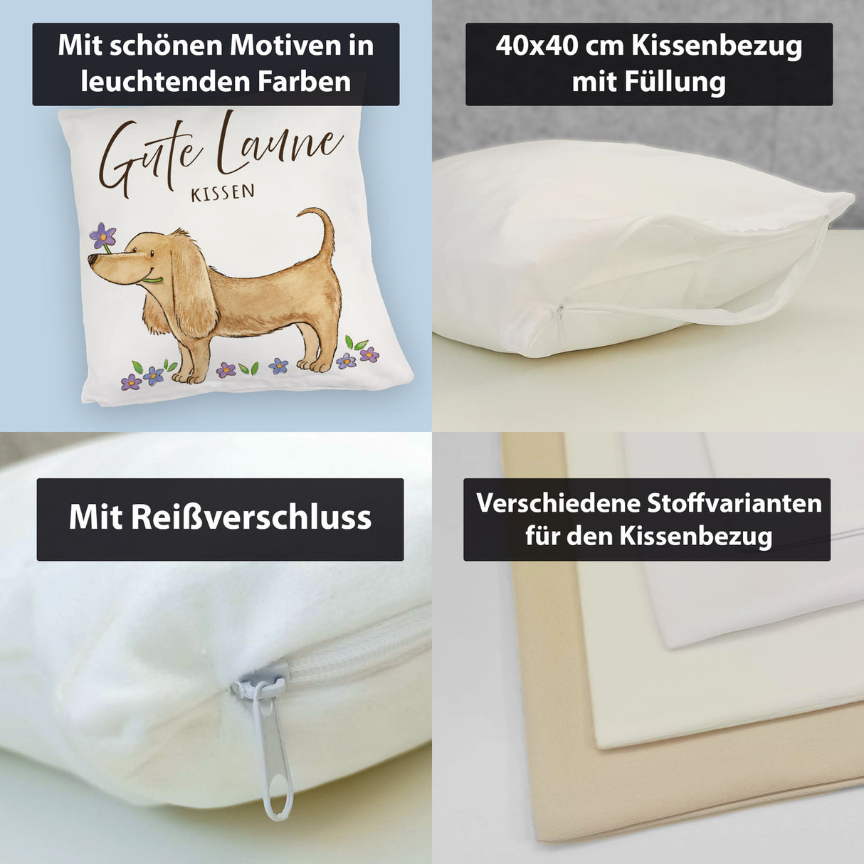 Dackel mit Blume Kissen mit Spruch Gute Laune Kissen