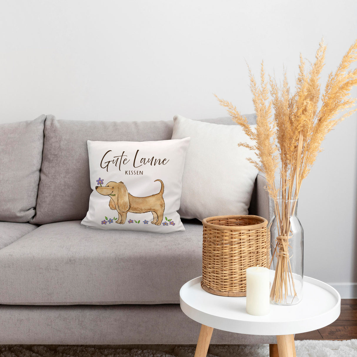 Dackel mit Blume Kissen mit Spruch Gute Laune Kissen