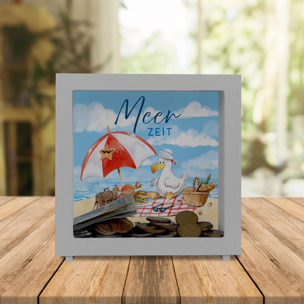 Möwe am Strand Spardose mit Spruch Meerzeit
