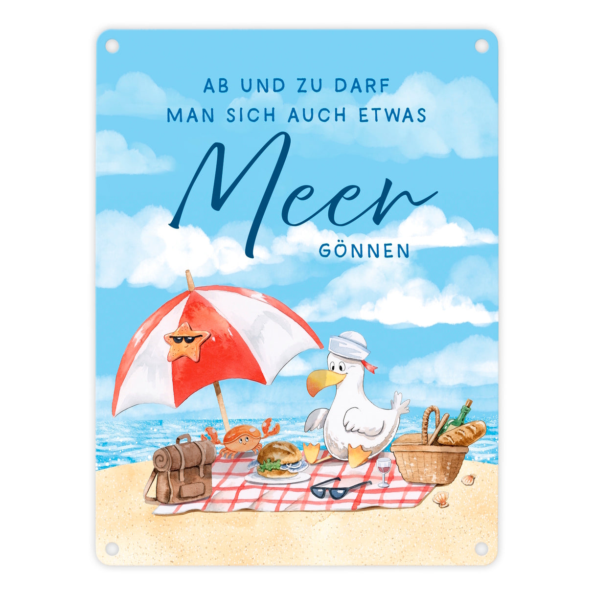 Möwe am Strand Metallschild in 15x20 cm mit Spruch Manchmal Meer gönnen