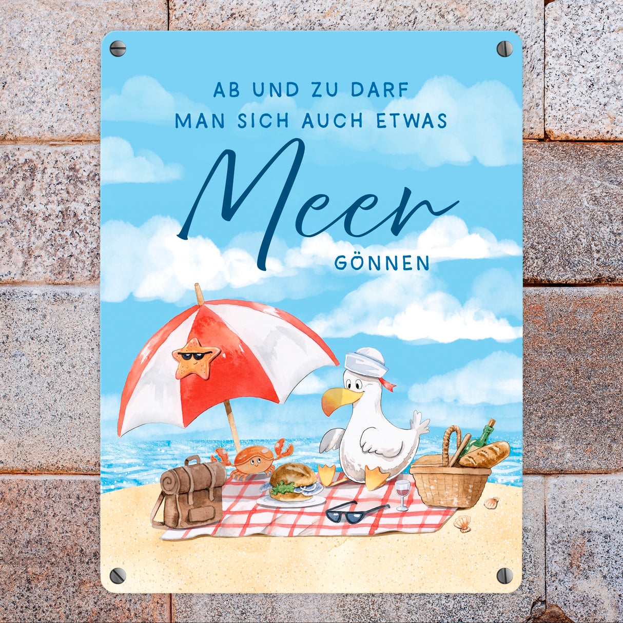 Möwe am Strand Metallschild in 15x20 cm mit Spruch Manchmal Meer gönnen