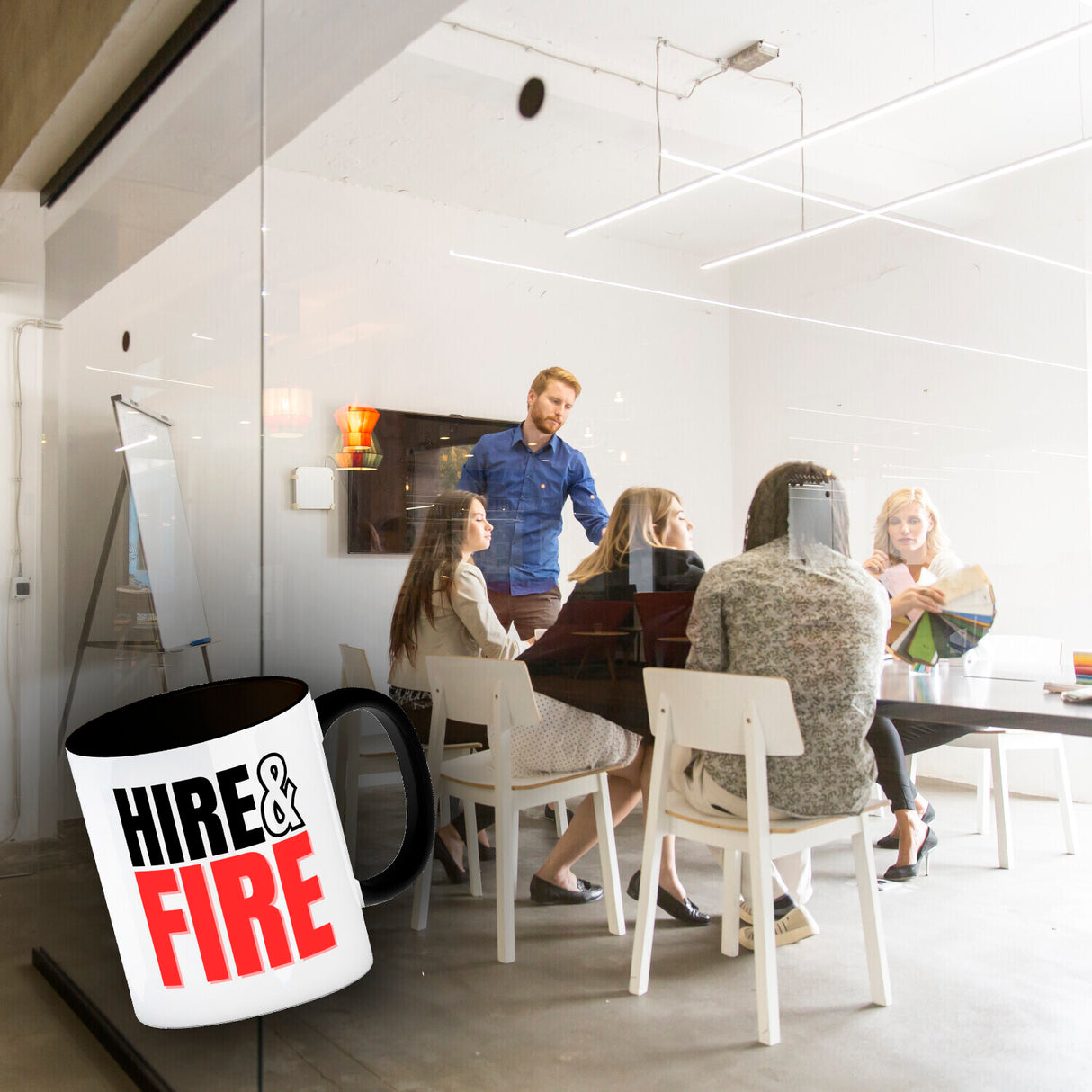 Chef und Boss Kaffeebecher mit Spruch Hire & fire
