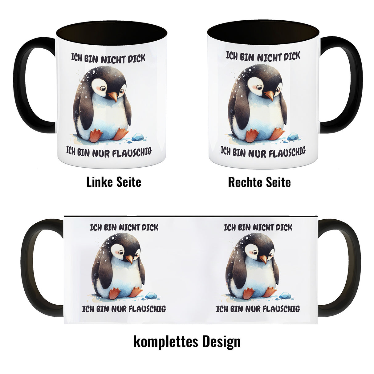 Flauschiger Pinguin Kaffeebecher mit Spruch Nicht dick nur flauschig