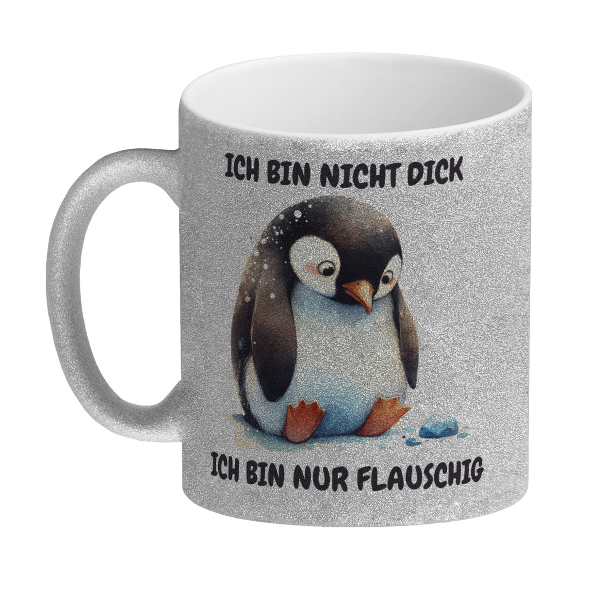 Flauschiger Pinguin Kaffeebecher mit Spruch Nicht dick nur flauschig