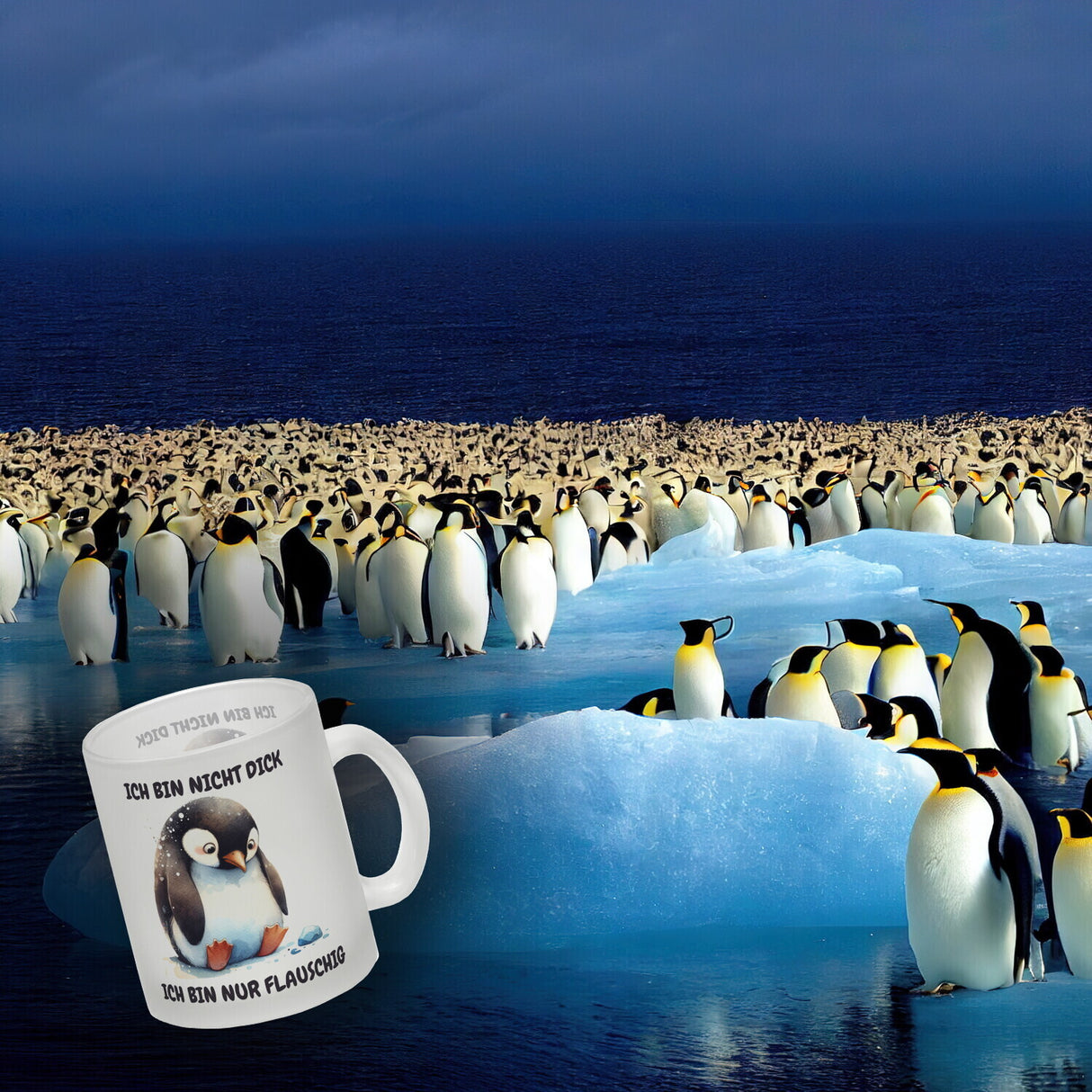 Flauschiger Pinguin Kaffeebecher mit Spruch Nicht dick nur flauschig