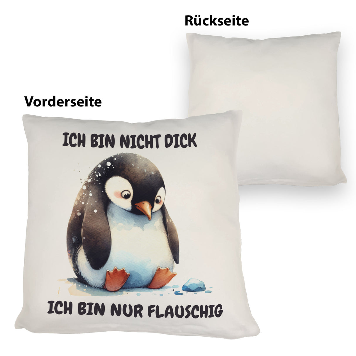 Flauschiger Pinguin Kissen mit Spruch Nicht dick sondern flauschig