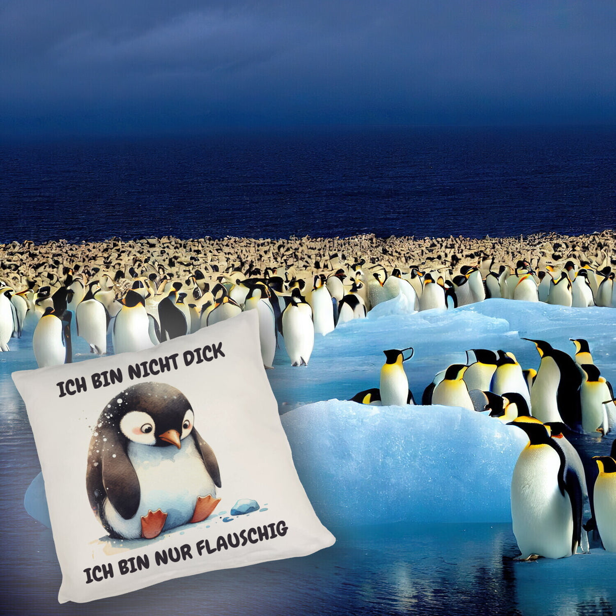 Flauschiger Pinguin Kissen mit Spruch Nicht dick sondern flauschig