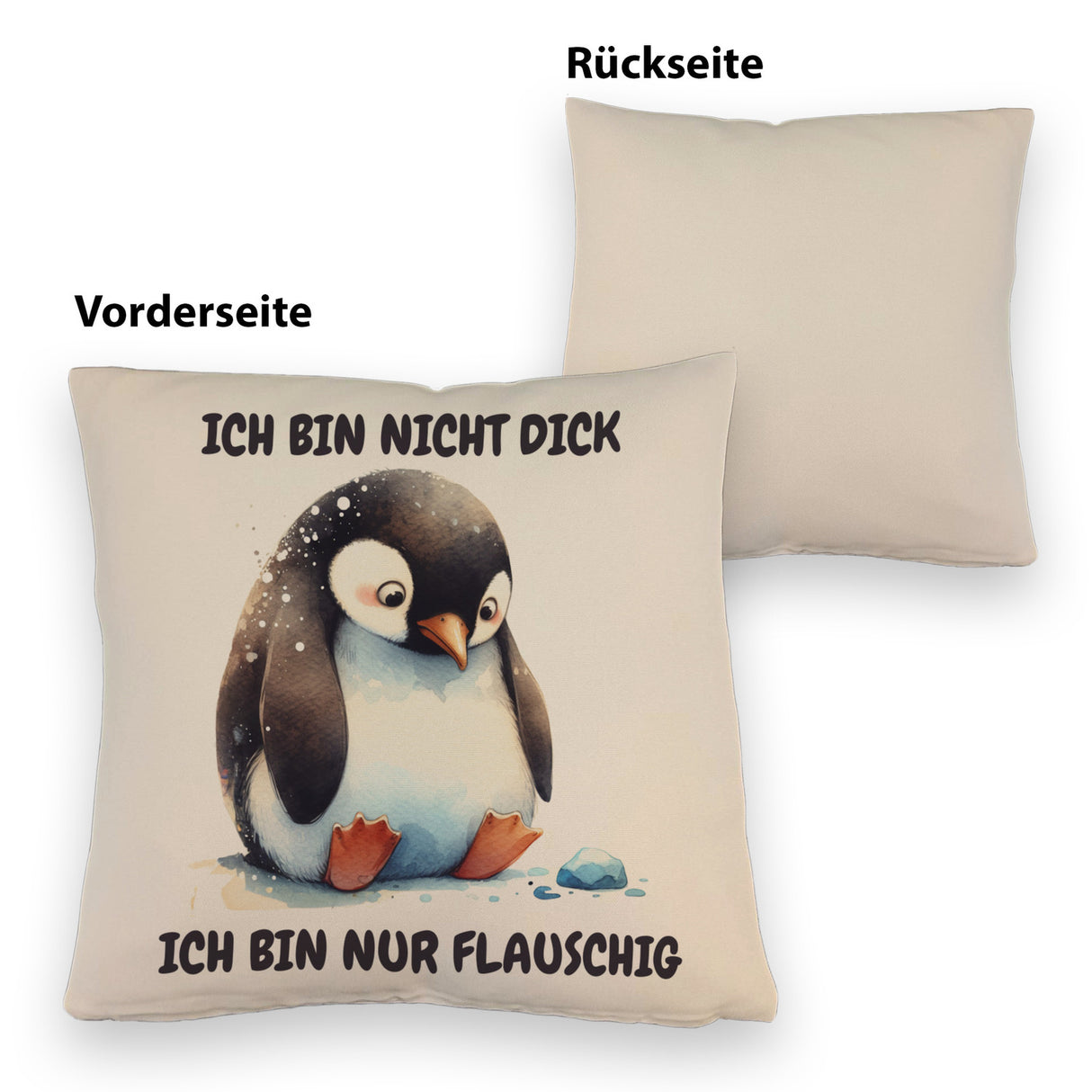 Flauschiger Pinguin Kissen mit Spruch Nicht dick sondern flauschig