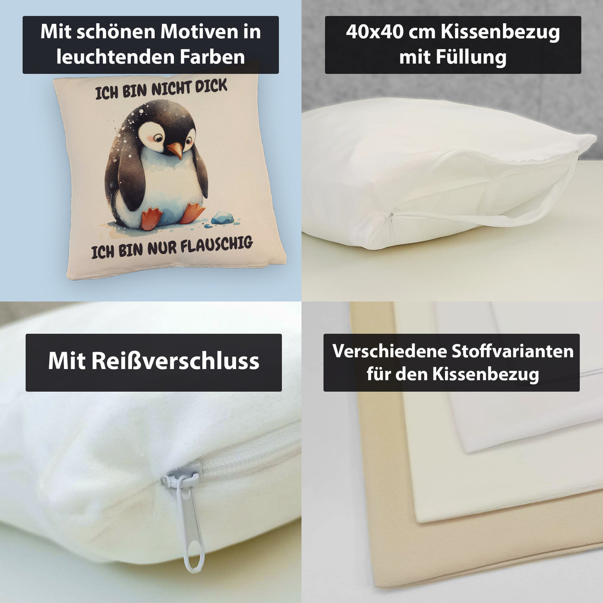 Flauschiger Pinguin Kissen mit Spruch Nicht dick sondern flauschig