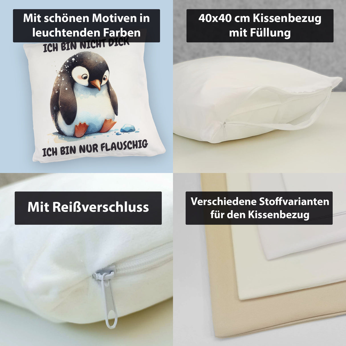 Flauschiger Pinguin Kissen mit Spruch Nicht dick sondern flauschig