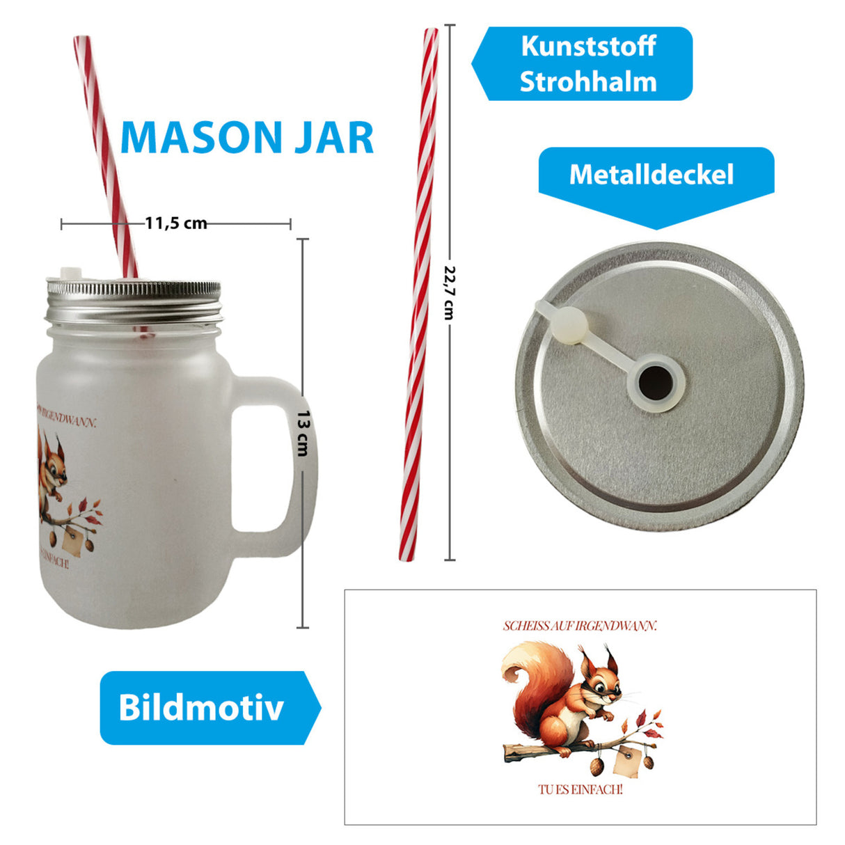 lustiges Eichhörnchen Trinkglas mit Bambusdeckel mit Spruch Scheiss auf irgendwann Tu es einfach