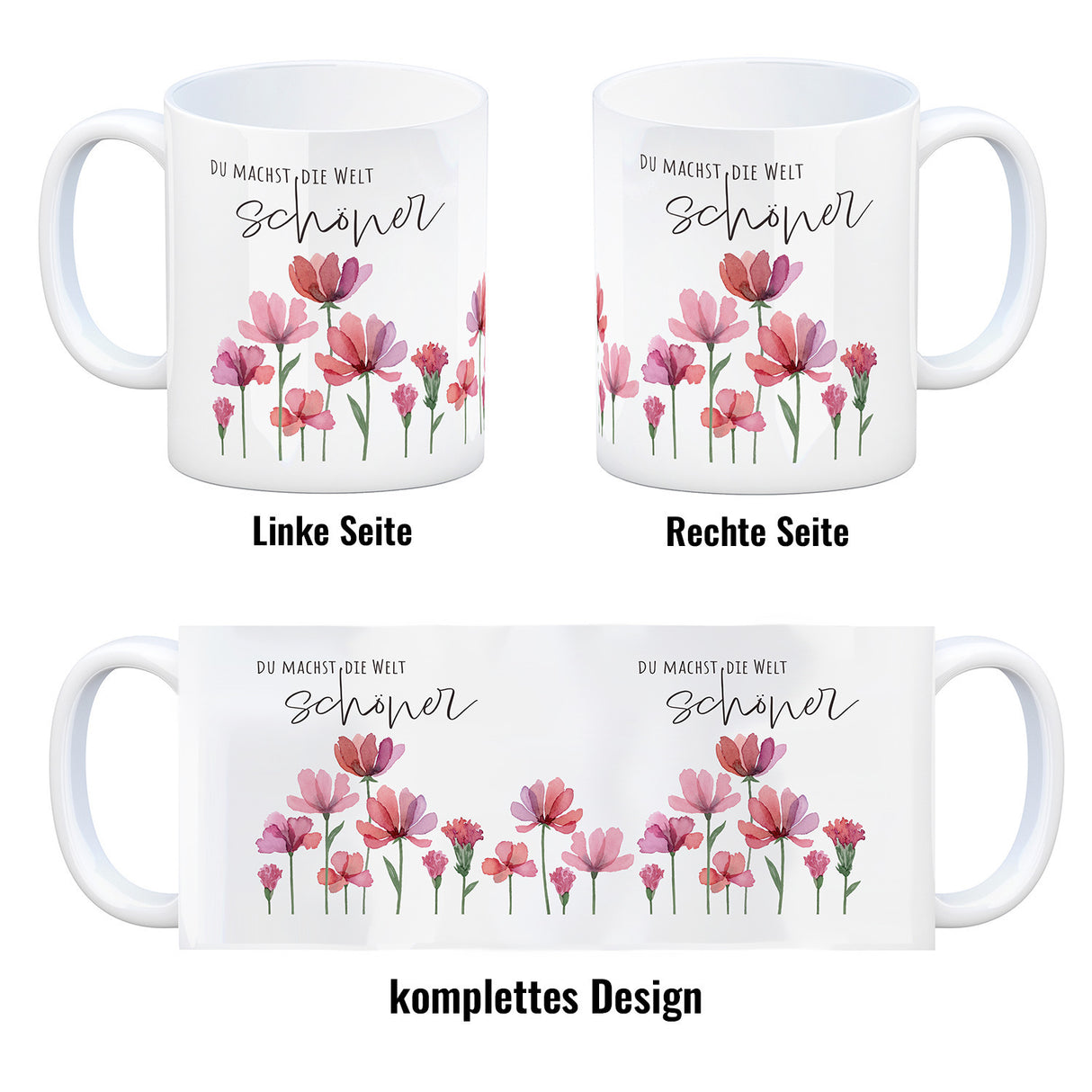 Aquarell Blumen Kaffeebecher mit Spruch Du machst die Welt schöner
