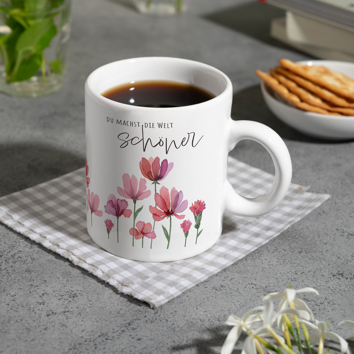 Aquarell Blumen Kaffeebecher mit Spruch Du machst die Welt schöner