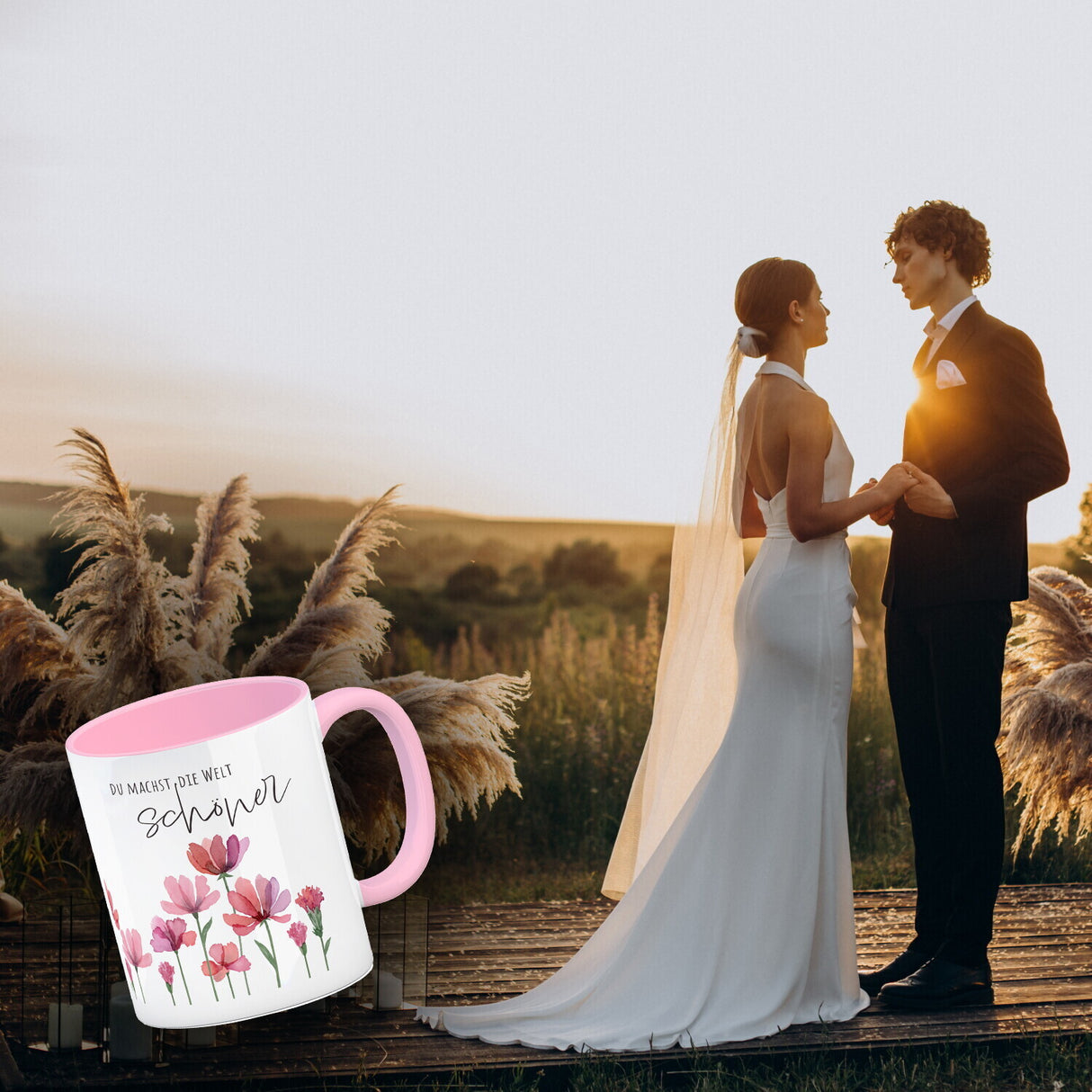Aquarell Blumen Kaffeebecher mit Spruch Du machst die Welt schöner
